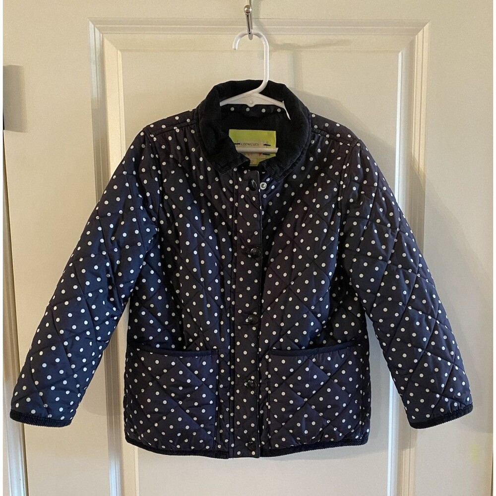 CREWCUTS Girls Navy Blue Polka Dot Quilted Barn Jacket Corduroy Collar Size 6-7